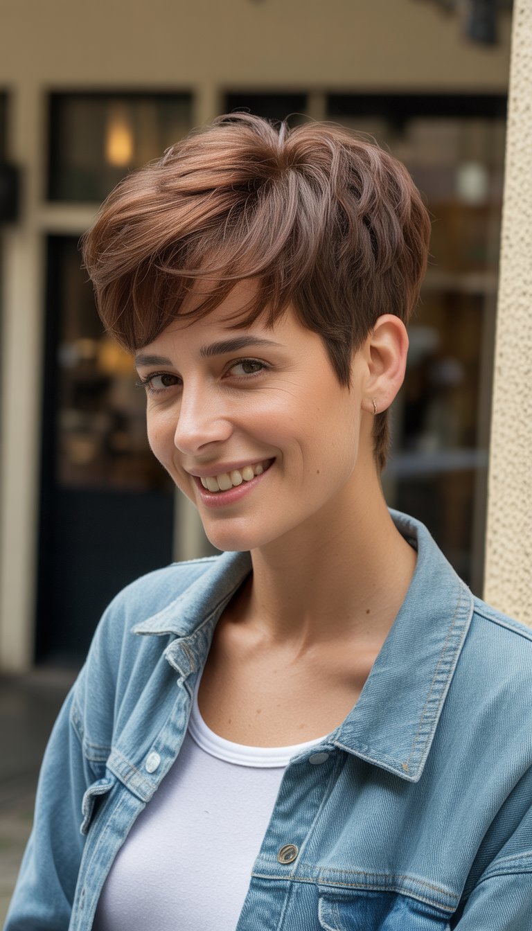 A woman with short layered hair standing in a simple indoor setting, wearing casual clothes and smiling gently.