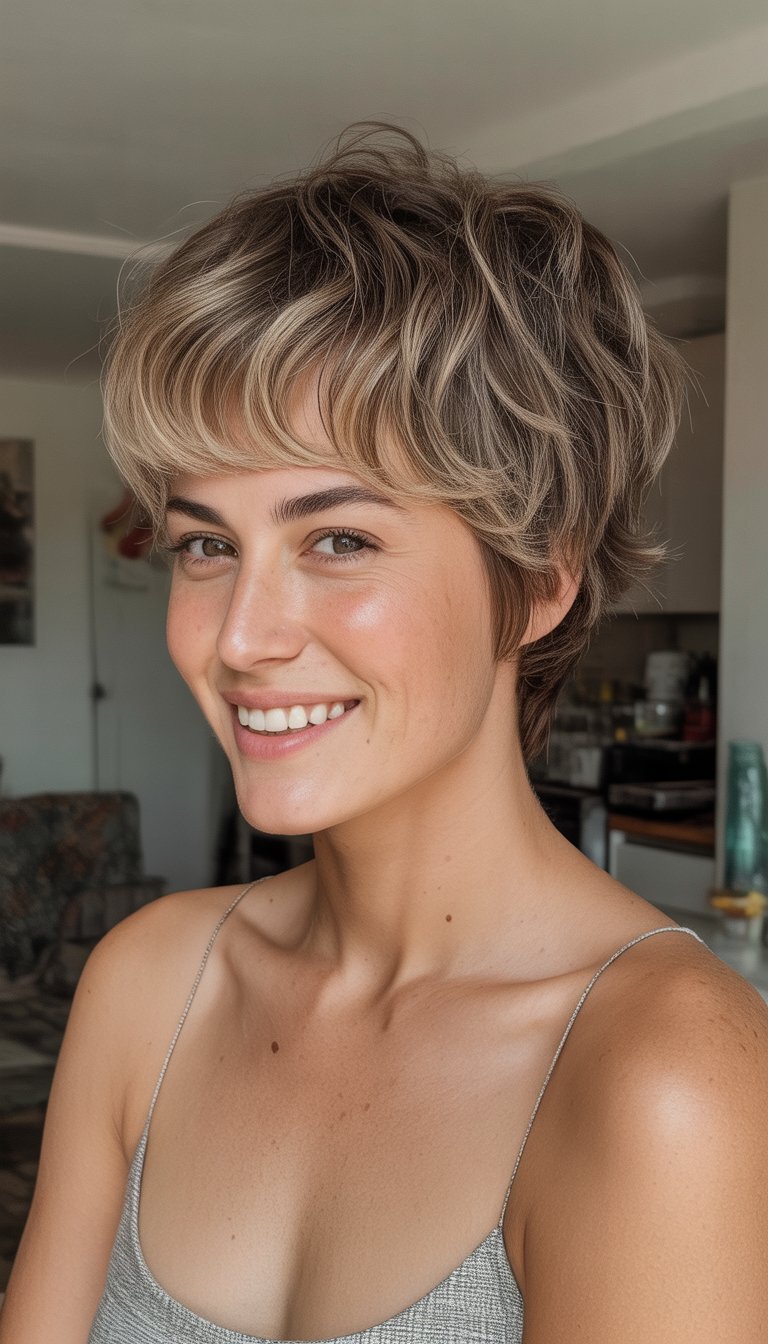 A woman with short layered hair and curtain fringe sitting in a cozy indoor space, wearing casual clothes and smiling softly.