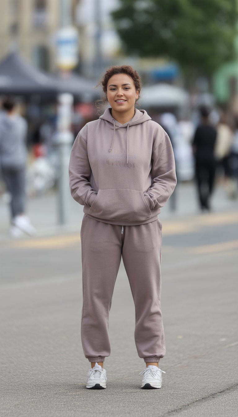 A young woman standing outdoors in a park or urban area, wearing a hoodie and jogger pants, smiling gently and looking relaxed.