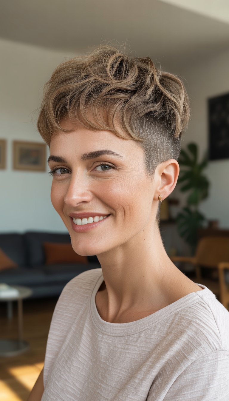 A woman with short textured hair stands in a softly lit casual setting, wearing simple everyday clothes and looking relaxed.