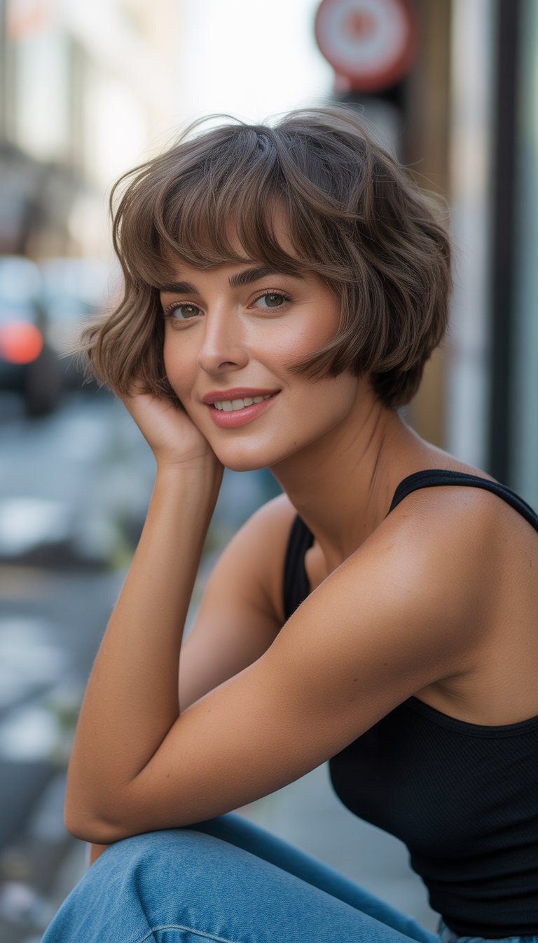 A woman with a short haircut and wispy bangs smiling softly in a casual setting.