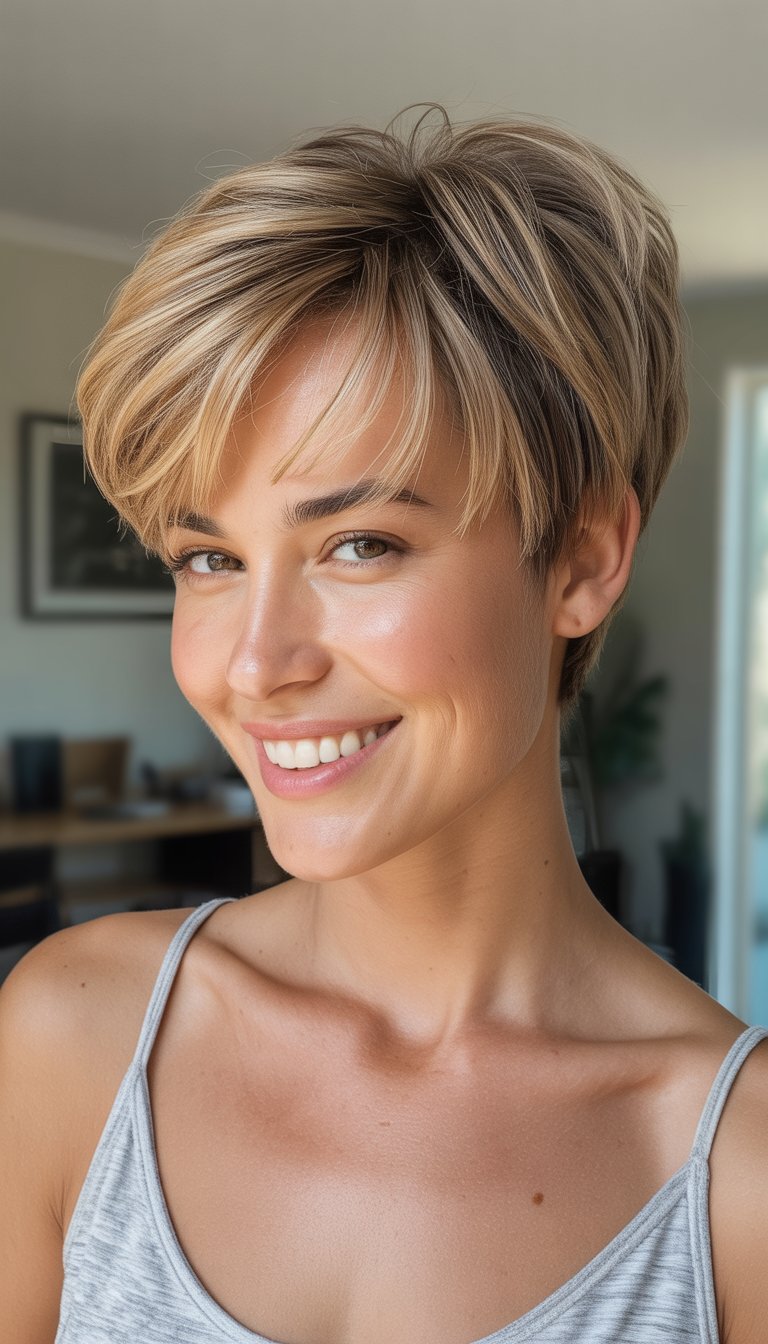 A woman with a layered short haircut smiles gently in a softly lit casual indoor setting.