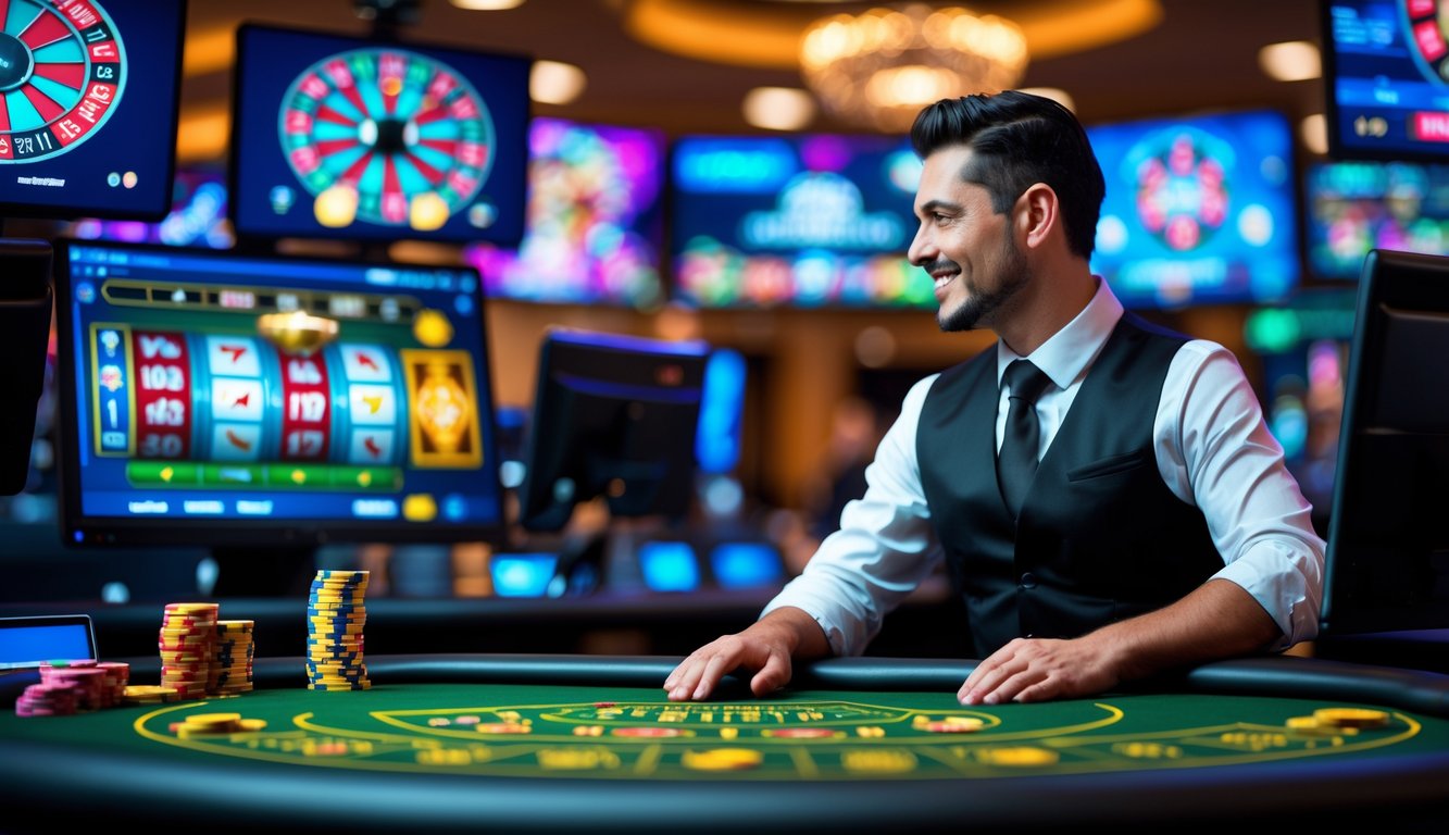 Seorang dealer kasino profesional di depan meja kasino dengan beberapa monitor komputer yang menampilkan permainan kasino online.