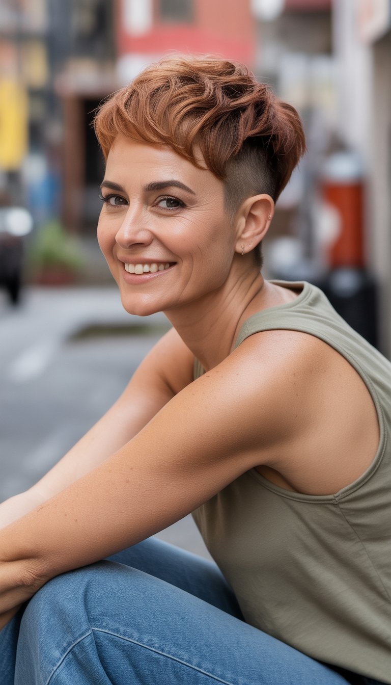 A woman with short hair in casual clothing standing in a softly lit, everyday indoor or outdoor setting.