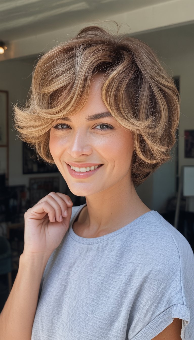A woman with a short layered haircut is standing in a softly lit, everyday setting wearing casual clothes.