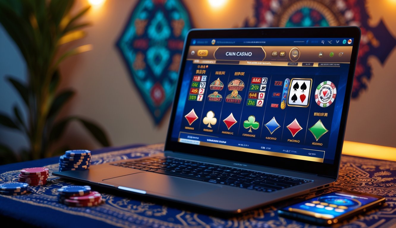 Seorang pria menggunakan laptop dengan tampilan permainan kasino online, di meja terdapat chip kasino dan kartu remi dengan latar belakang pola batik.