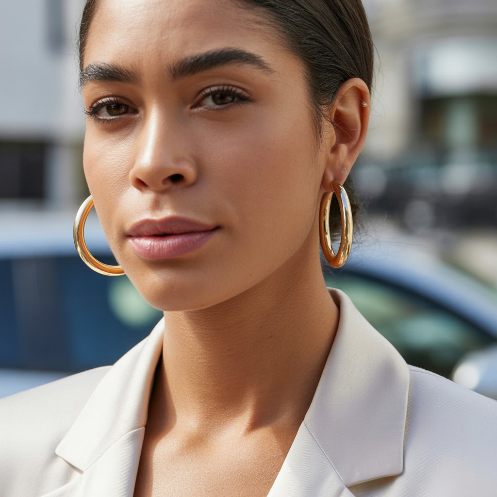 Close-up of a confident woman wearing gold hoop earrings and a professional outfit, looking calm and self-assured.