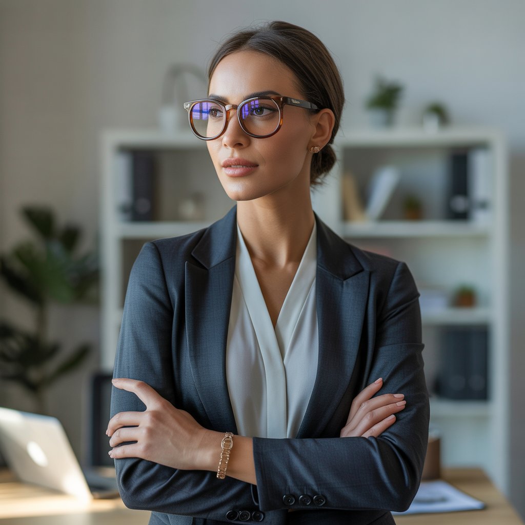 A confident businesswoman wearing bold glasses and a tailored outfit stands in a modern office with a focused expression.
