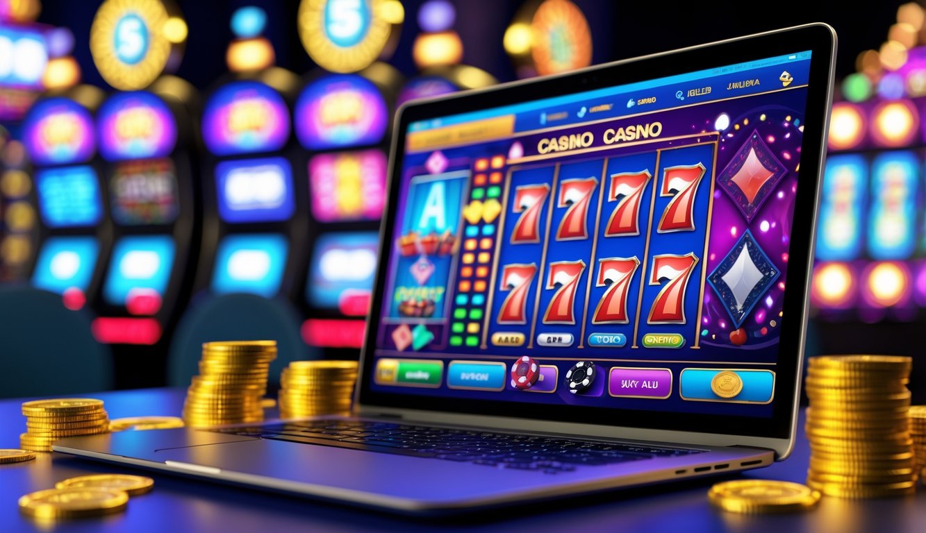 Sebuah laptop modern menampilkan permainan kasino online dengan koin emas dan chip poker di sekitarnya.