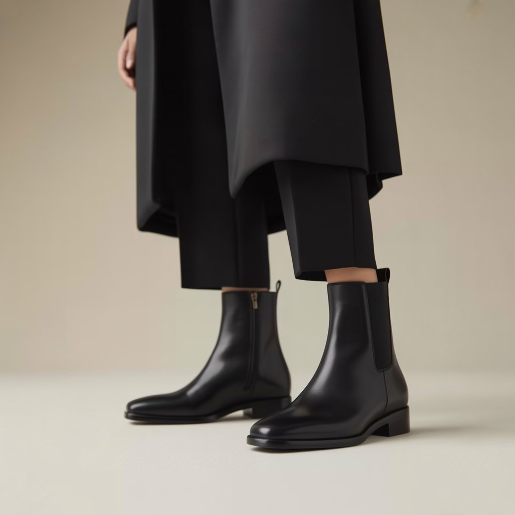 A person wearing black ankle boots and professional clothing standing on a neutral background.