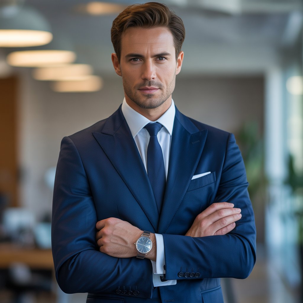 A man standing confidently in a tailored navy suit inside an office.