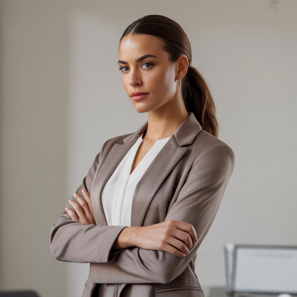 A confident woman with a sleek ponytail wearing a business outfit, standing against a plain background.
