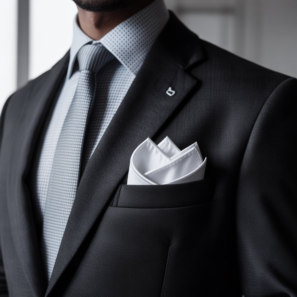 A person wearing a tailored suit with a crisp pocket square in the breast pocket, standing in a professional setting.