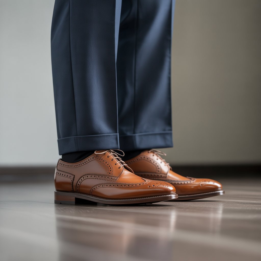Close-up of polished brown brogue shoes worn with dark trousers, standing on a wooden floor.