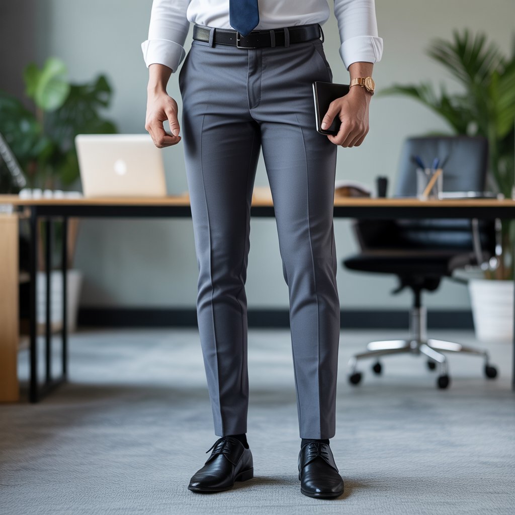 A person standing confidently in an office wearing slim-fit dress pants.