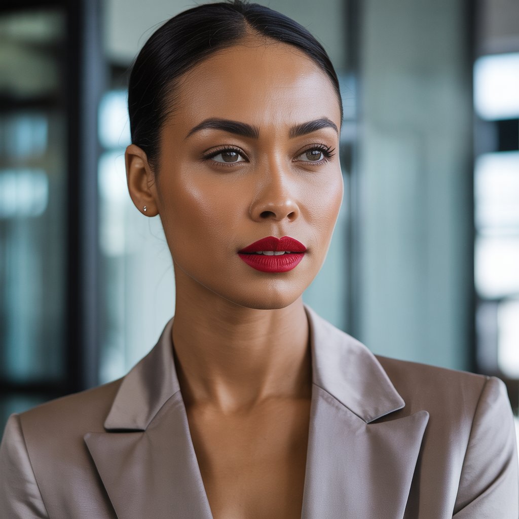 A confident woman wearing matte red lipstick and a tailored outfit standing in a modern office setting.