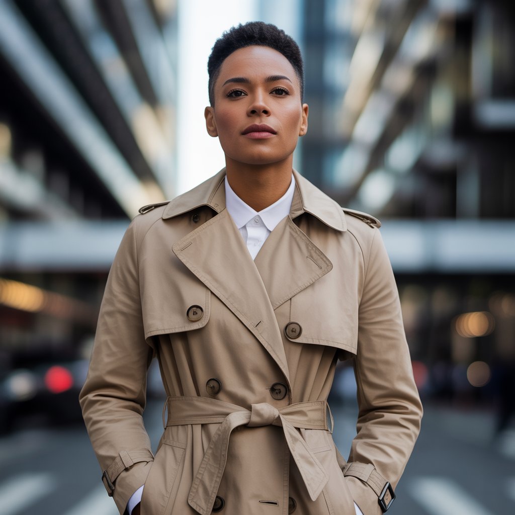A confident person wearing a neutral-colored trench coat standing outdoors with modern buildings in the background.