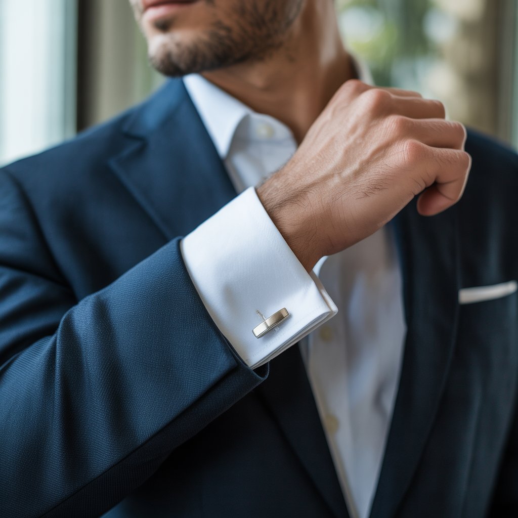 Close-up of a man's wrist wearing a dark suit jacket and white shirt with silver cufflinks.