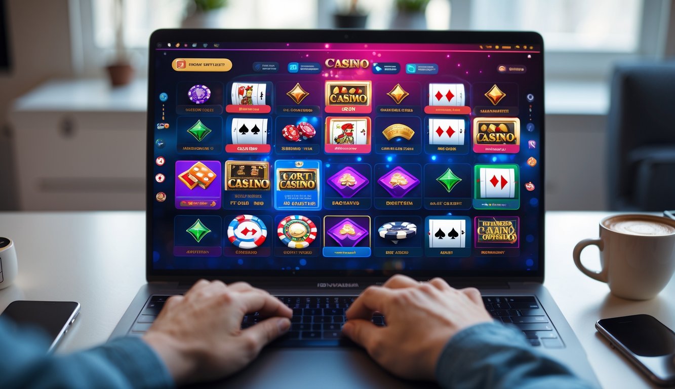 Seseorang bermain permainan kasino online di depan komputer di ruang kerja yang rapi.