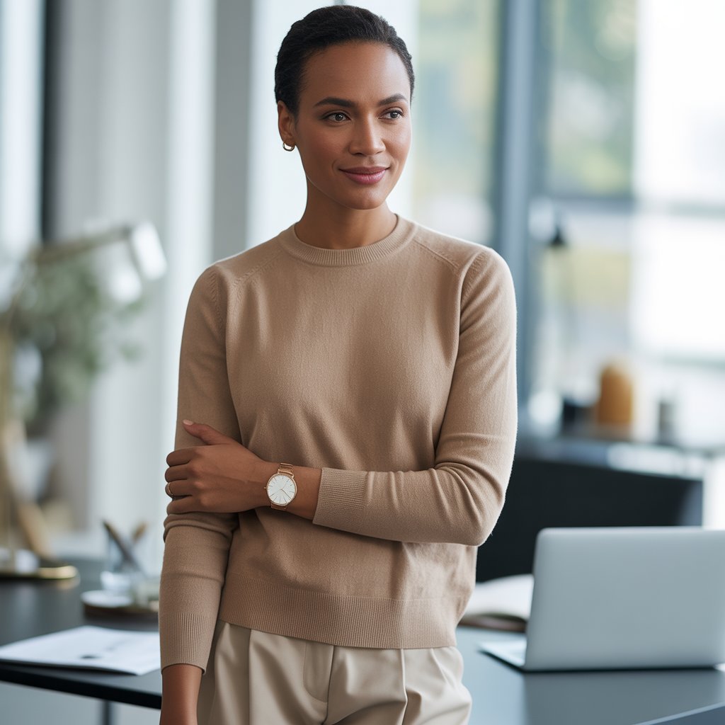 A confident person wearing a fine cashmere sweater in a modern office setting, sitting or standing with good posture and a slight smile.