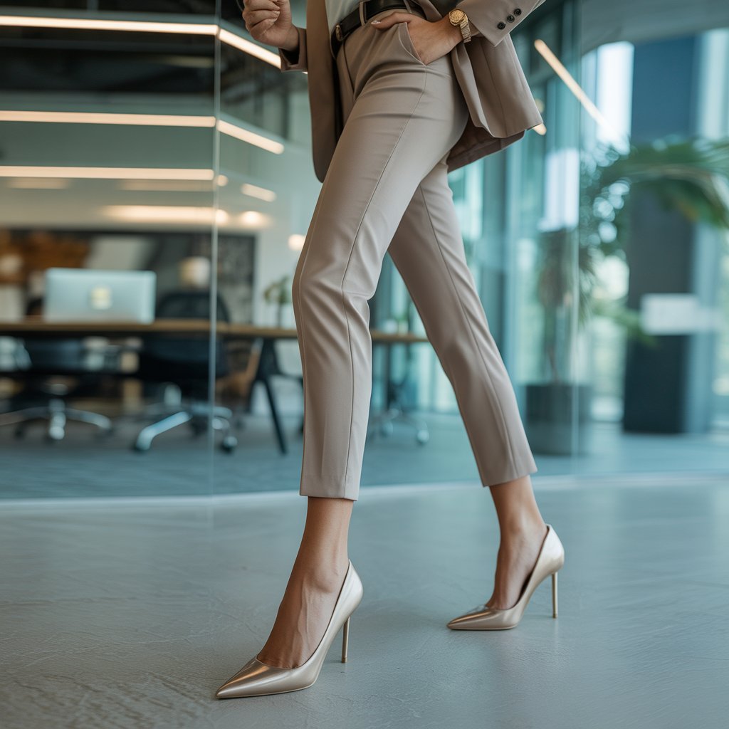 A confident woman stands in an office wearing pointed-toe heels and a tailored outfit.