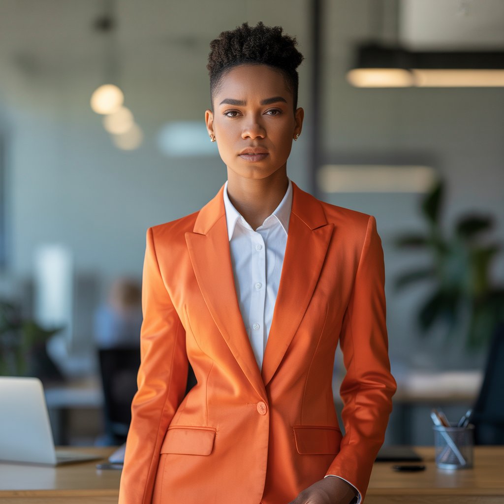 A confident person wearing a bold solid-colored blazer standing in a modern office environment.