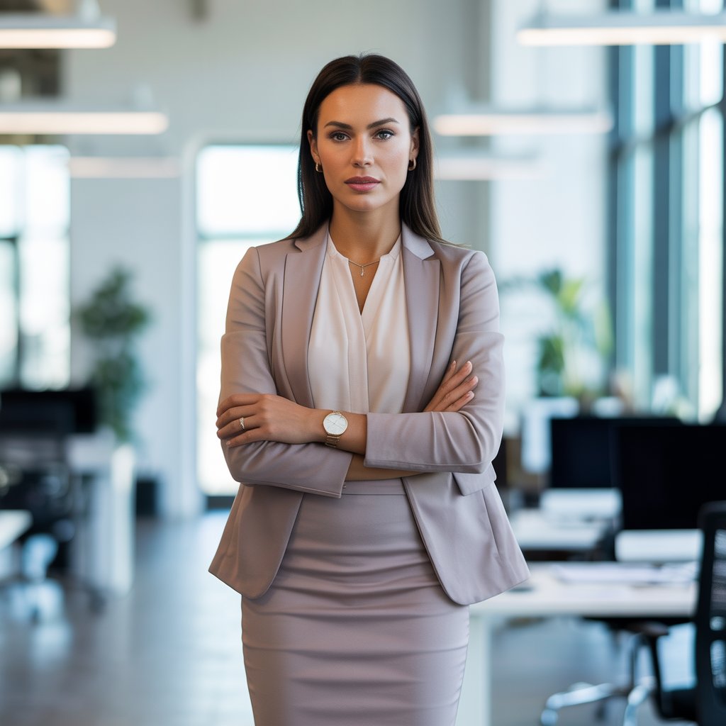 A confident businesswoman standing in an office wearing a fitted pencil skirt and blazer.