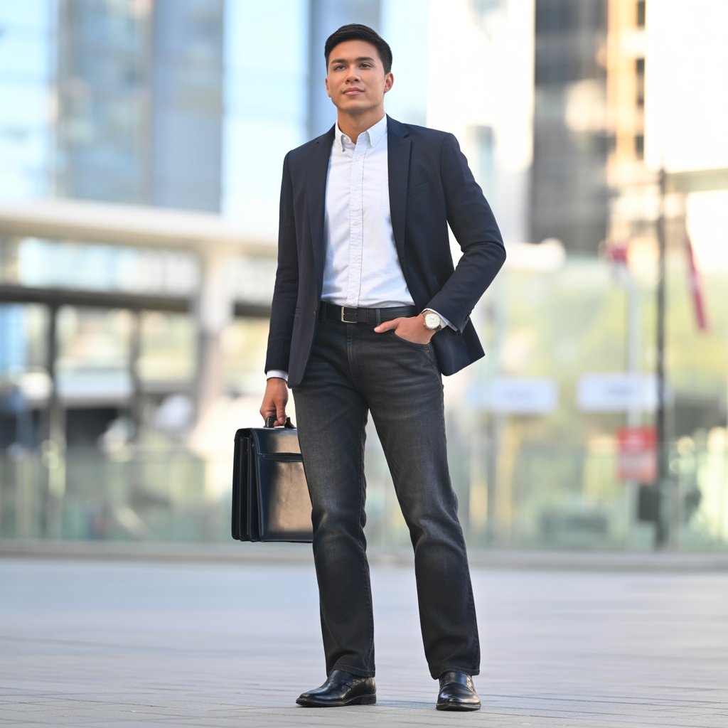 A person standing confidently outdoors wearing dark jeans, a white shirt, and a navy blazer, holding a briefcase in an urban environment.