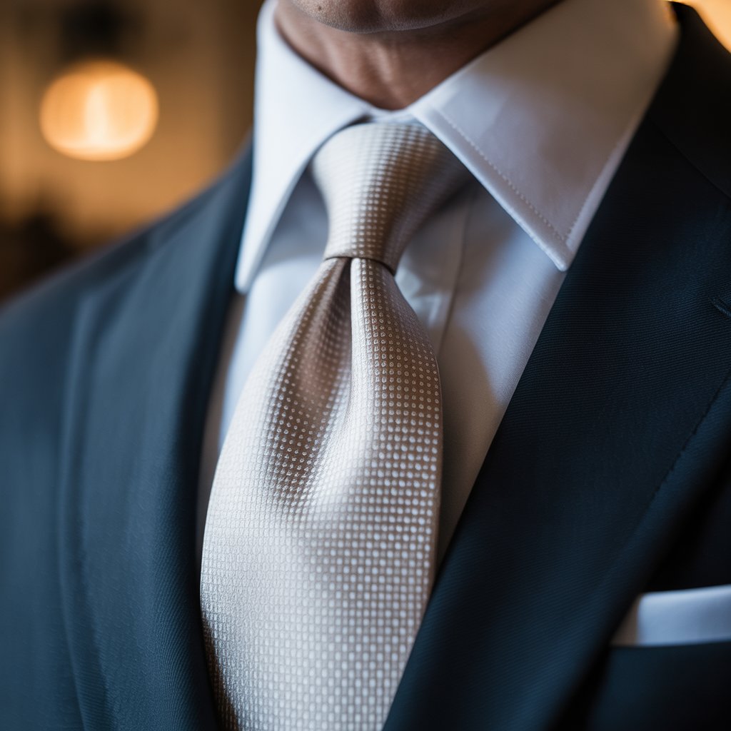 Close-up of a man wearing a silk tie with a subtle pattern, a dark suit, and a white shirt.
