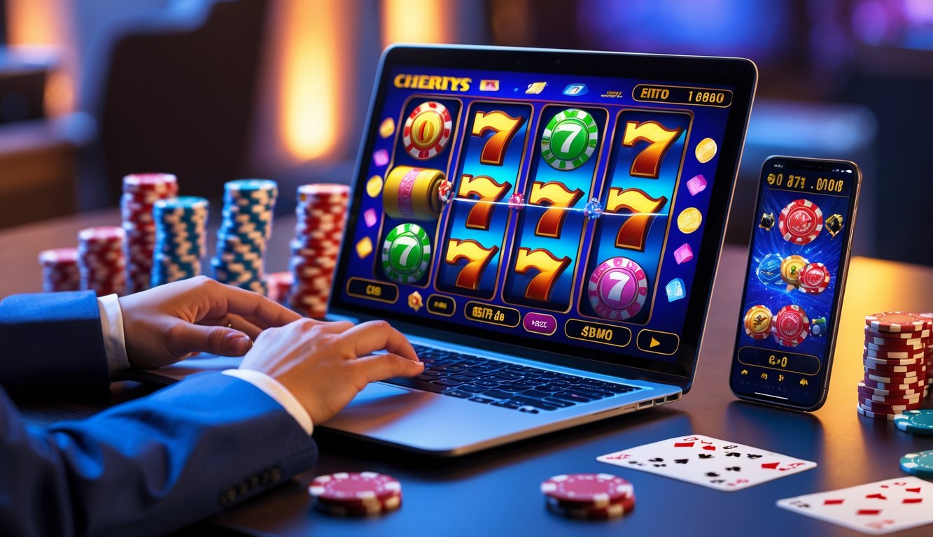 Seorang pengguna bermain permainan slot kasino online di laptop dengan chip poker dan kartu remi di meja.