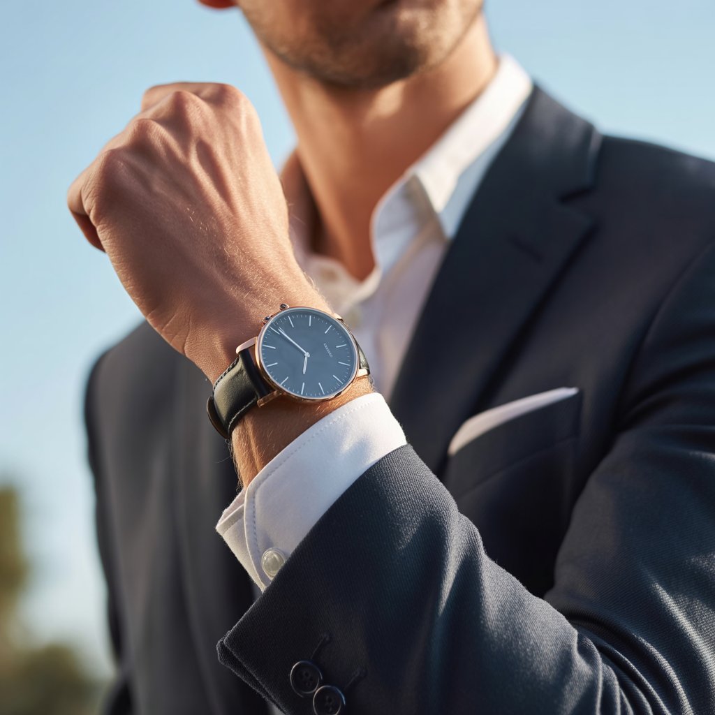 Close-up of a minimalist wristwatch on a person's wrist wearing a dark suit and white shirt cuff.