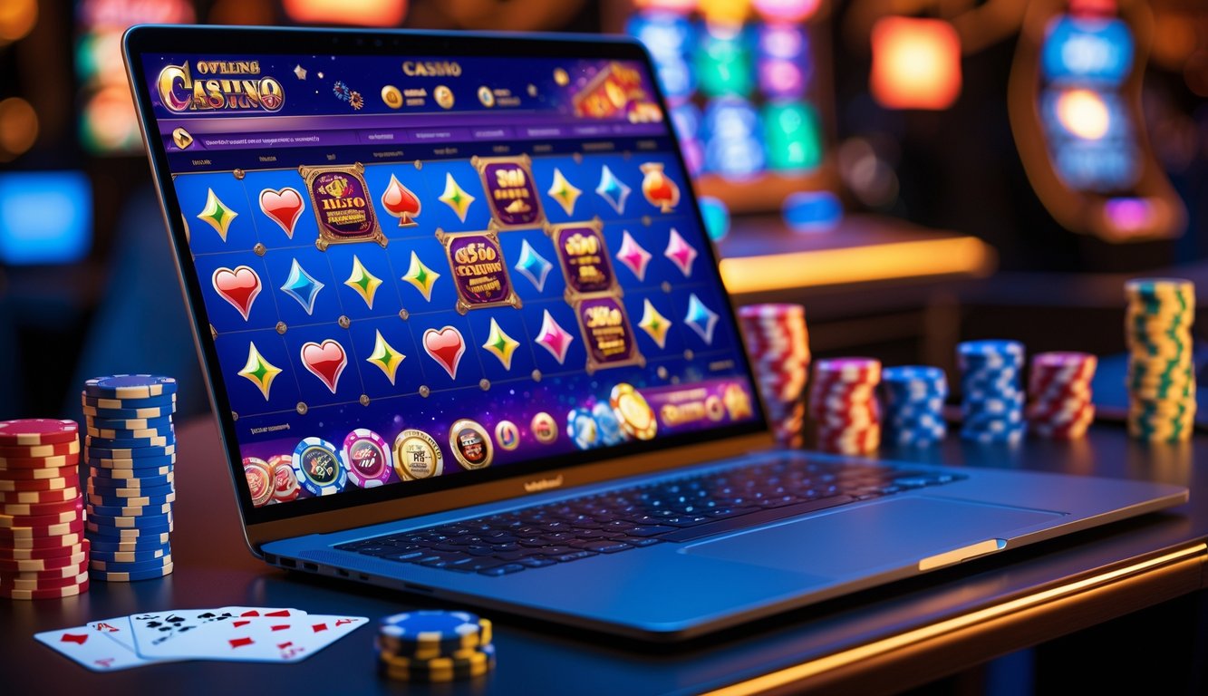 Sebuah komputer dengan tampilan permainan kasino online dan chip poker serta kartu di sekitarnya di atas meja.