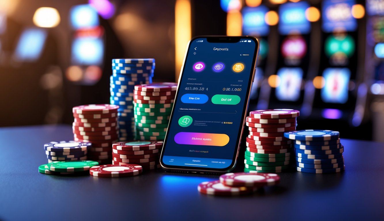 Sebuah ponsel modern dengan aplikasi pembayaran digital dikelilingi oleh chip poker dan kartu remi di atas permukaan gelap.