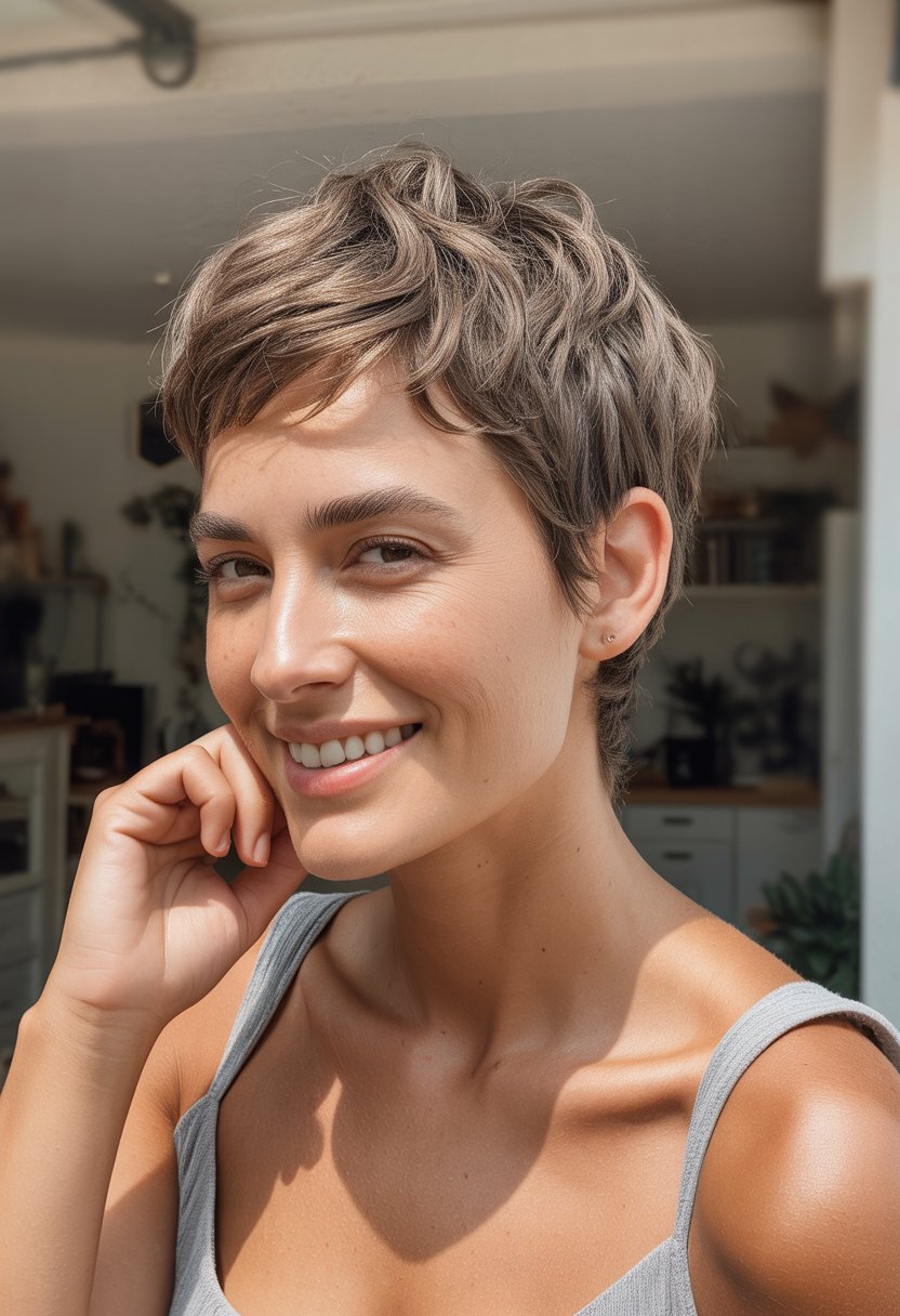 A woman with short hair smiling naturally in a casual indoor setting.