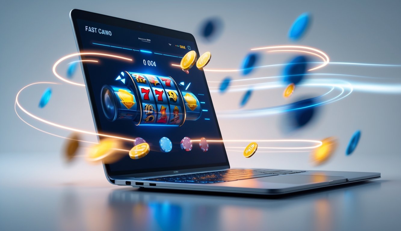 Seseorang menggunakan laptop dengan tampilan permainan kasino online dan elemen yang menunjukkan transaksi cepat.