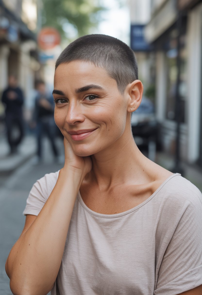 A woman with short hair smiling gently in a casual indoor setting with soft lighting.