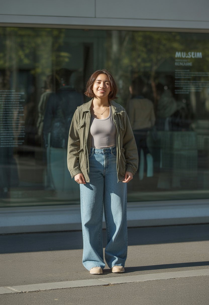 A young woman standing in front of a museum building, shown full body from a distance with the museum and street visible in the background.