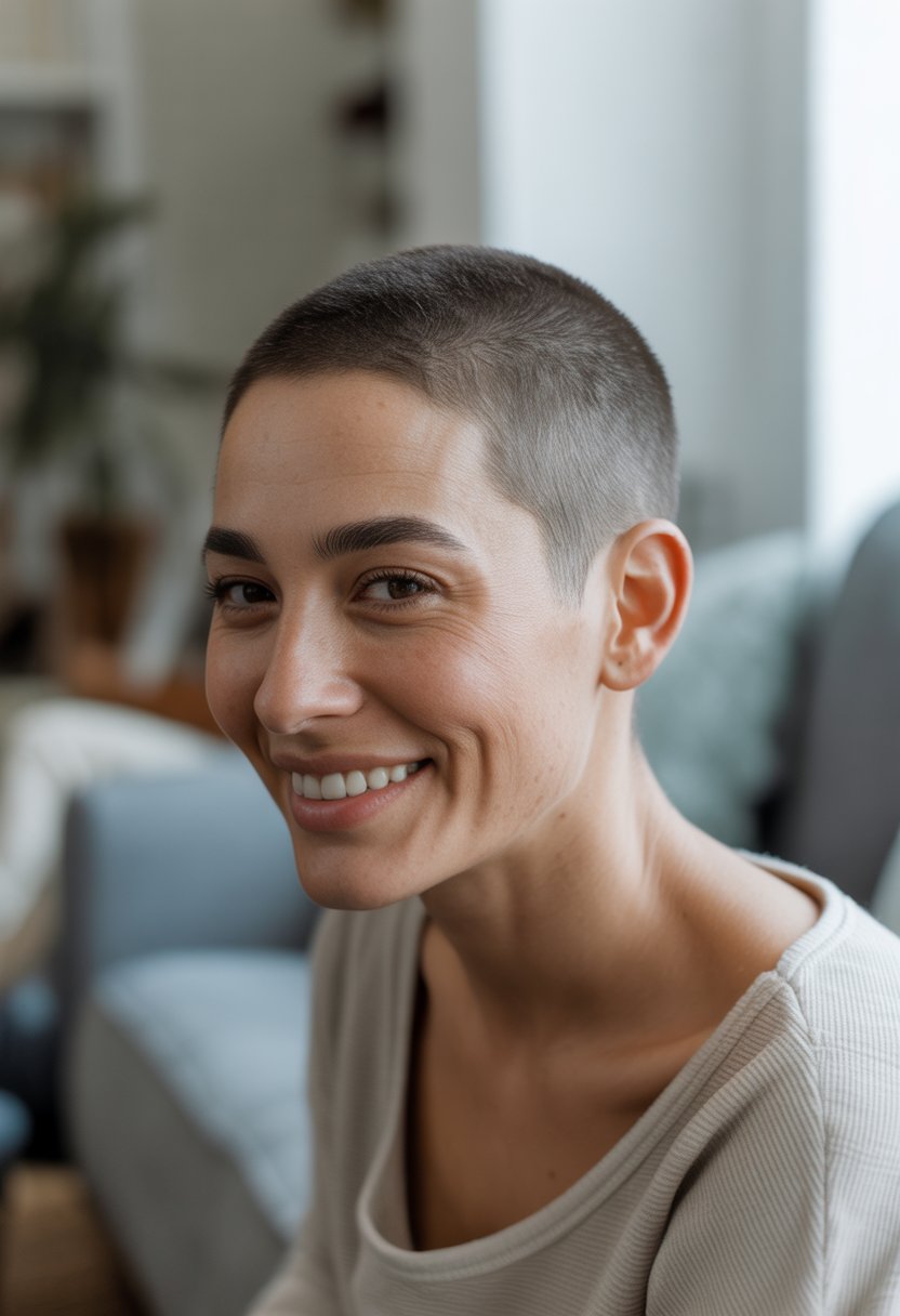 A woman with a short buzz cut hairstyle stands in a casual setting, smiling naturally with a relaxed expression.