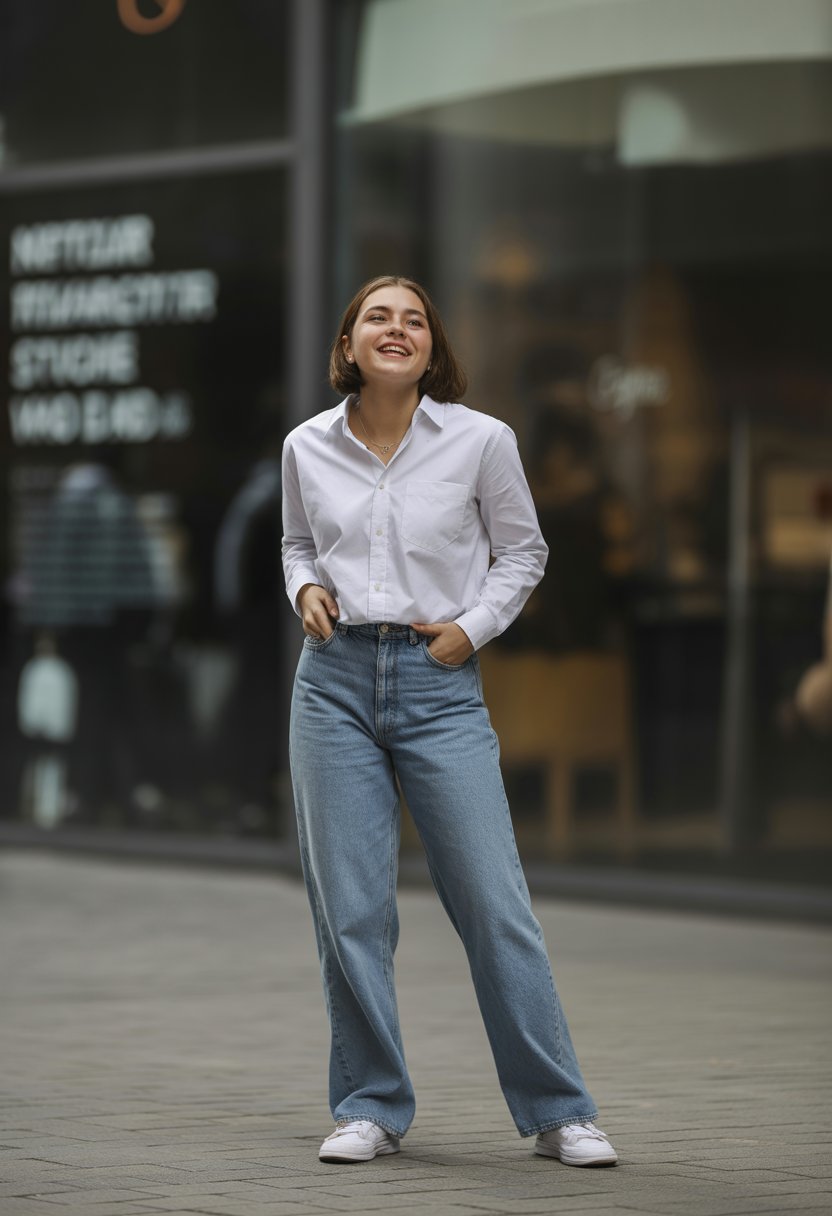 A young woman standing outdoors in casual clothing, wearing a white shirt and jeans, looking relaxed and natural.
