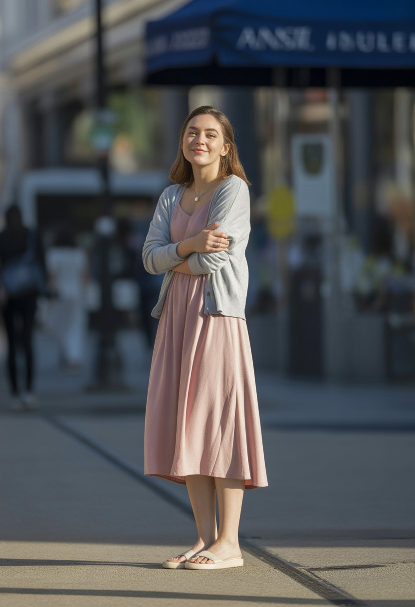 A young woman standing outdoors in a city setting, wearing a dress and cardigan, looking relaxed and natural.