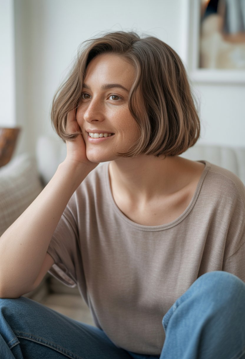 A woman with short hair smiling naturally in a casual indoor setting.