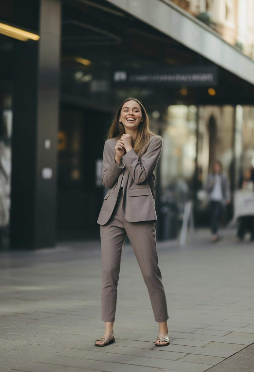 A young woman standing outdoors in a city setting, captured in a full-body photo from a distance.