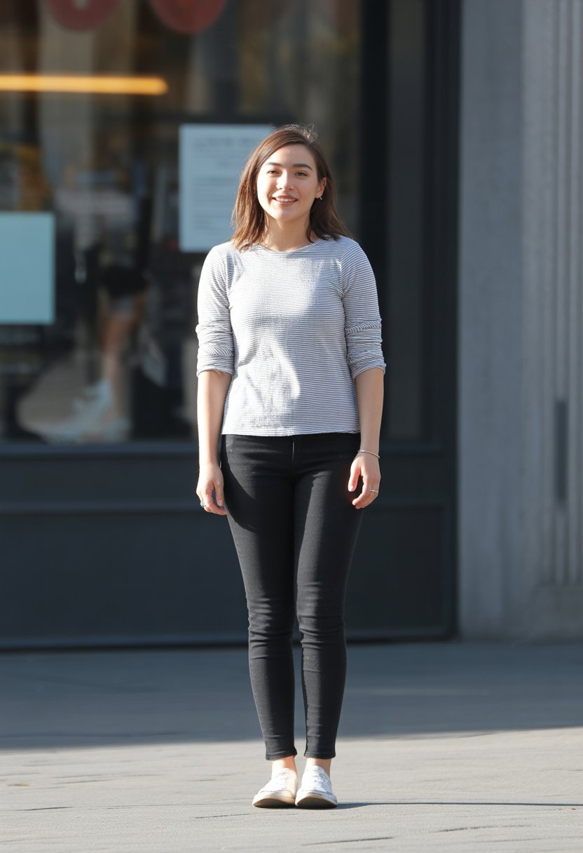 A young woman standing outdoors in a city setting, wearing a striped long-sleeve shirt and black jeans, shown from head to toe.