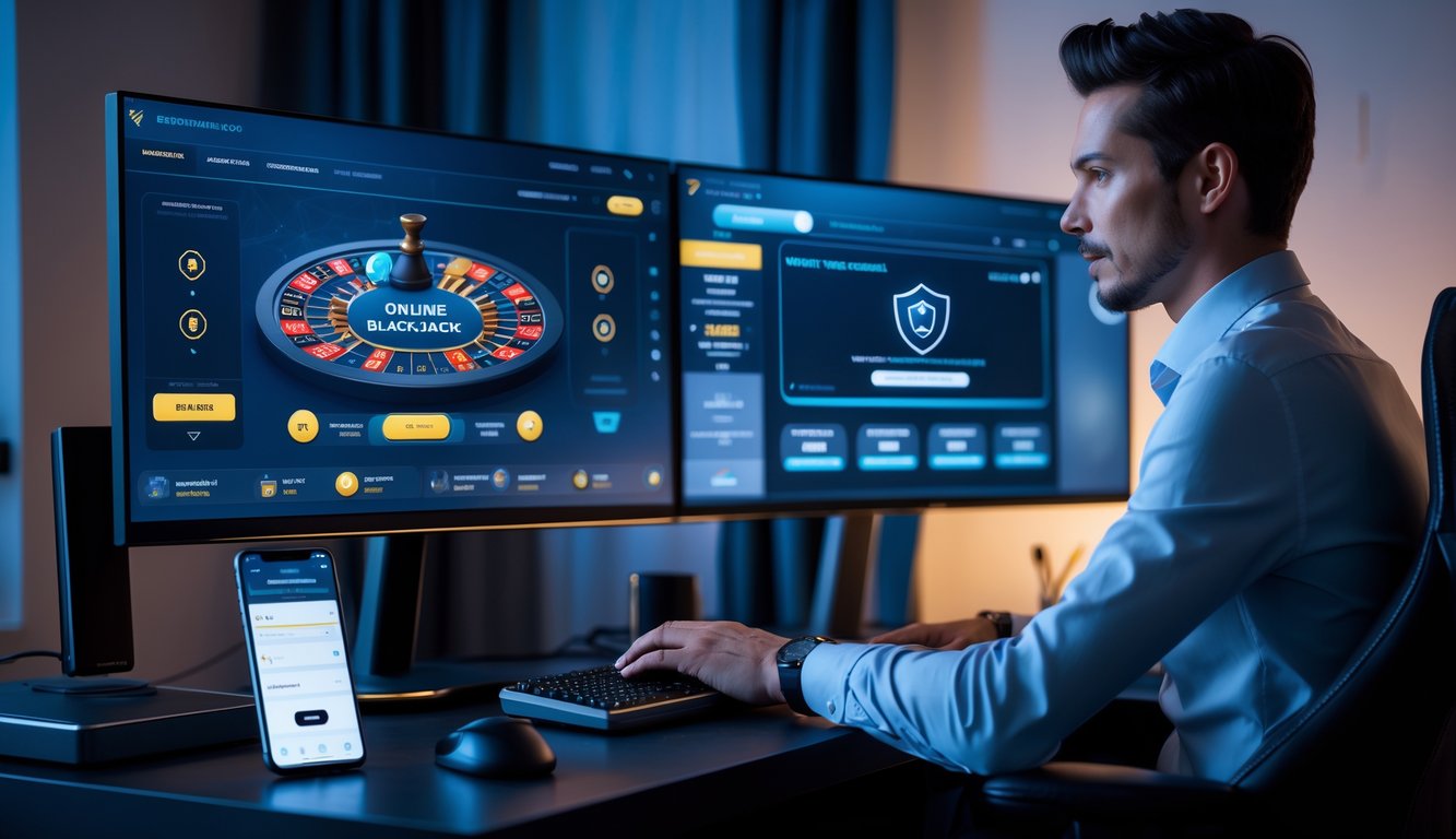 Seseorang yang percaya diri sedang bermain blackjack online di meja dengan beberapa monitor dan perangkat teknologi di ruangan yang nyaman.