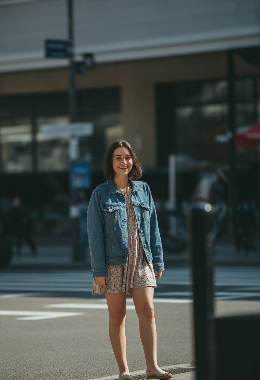 A young woman standing outdoors wearing a denim jacket over a floral dress, shown from head to toe in a casual setting.