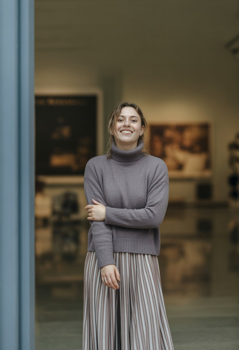 A young woman standing inside a museum wearing a turtleneck sweater and pleated skirt, captured from head to toe with a calm expression.