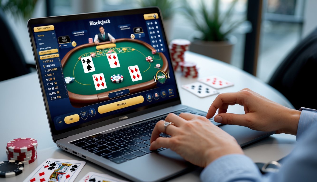 Seseorang bermain blackjack online di depan komputer dengan kartu dan chip di layar.