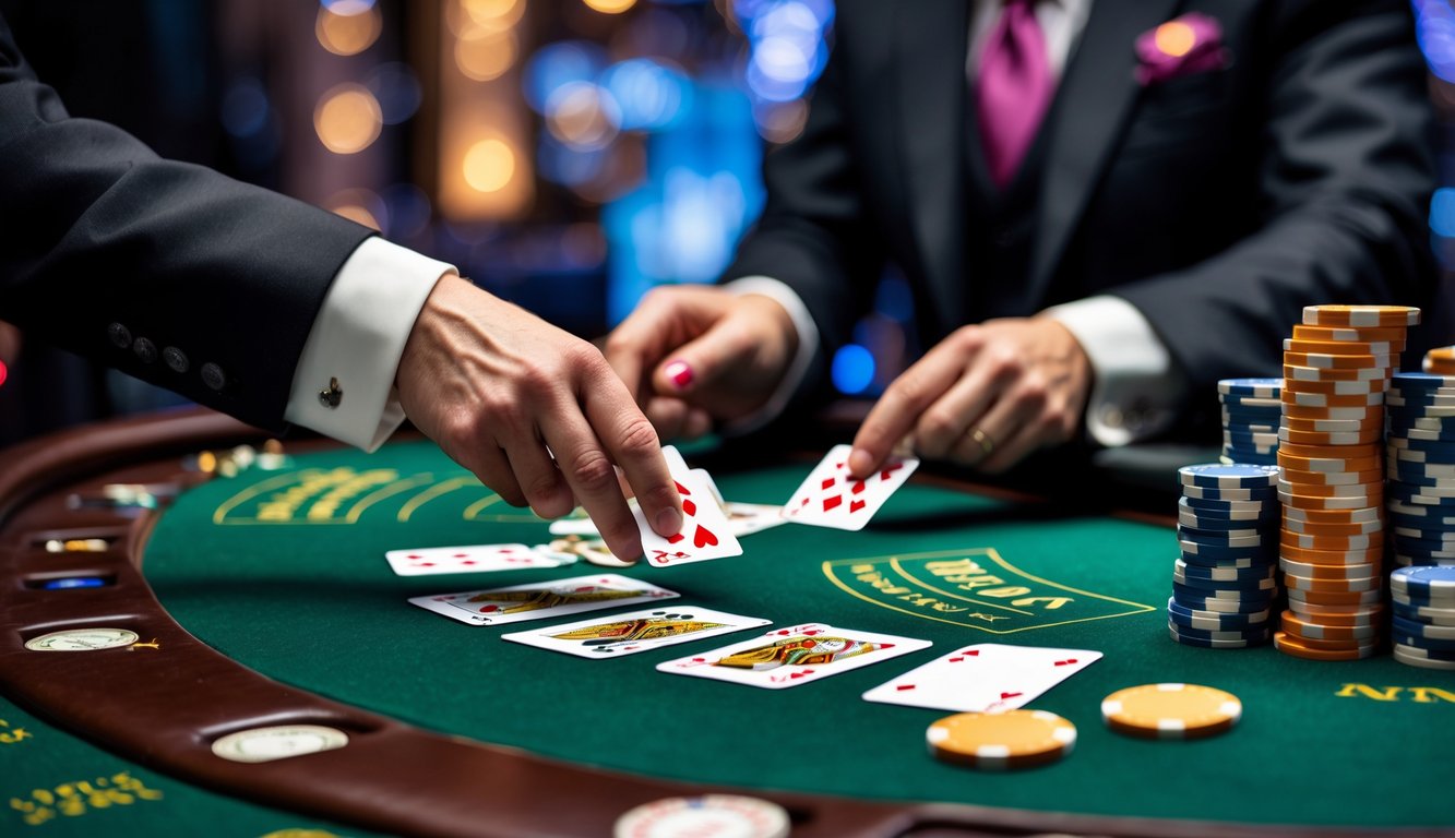 Meja blackjack di kasino mewah dengan kartu dan tumpukan chip poker, dealer sedang membagikan kartu.