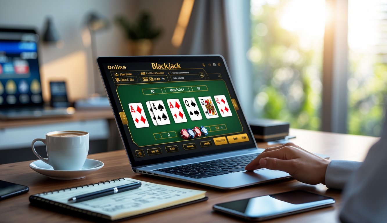 Seorang pria sedang duduk di depan laptop dengan permainan blackjack online di layar, di sampingnya terdapat buku catatan dan cangkir kopi di meja kerja.