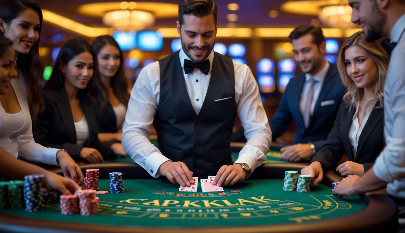 Seorang dealer dan beberapa pemain sedang bermain blackjack di meja kasino dengan suasana mewah dan pencahayaan hangat.